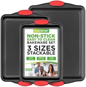 NutriChef 3-Piece Nonstick Kitchen Oven Baking Pans - Premium & Stylish Non-Stick Steel, Commercial Grade Restaurant Quality Metal Bakeware with Red Silicone Handles - Easy to Clean, NCSBS3S