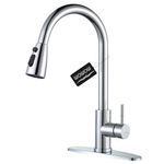 WOWOW Stainless Steel Kitchen Faucet with Sprayer, High Arc Single Handle Kitchen Faucet for Sink 1 or 3 Hole, Modern Kitchen Sink Faucet with Deck Plate and 1/2" Adapter (Chrome)