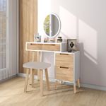 YOURLITE Dressing Table with 3 Adjustable Lighted Mirror, Vanity Table with Nightstand Cushioned Stool, Makeup Desk with Drawer for Bedroom, Compact Makeup Vanity for Small Space