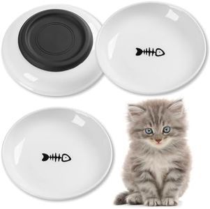 Kitwinney Cat Food Bowls, Whisker Friendly Ceramic Cat Bowls with Nonslip Silicone Bottom, Pack of 3 Quiet Cat Dishes and Plates for Feeding Indoor Cats, Kittens and Small Dogs(Fishbone)