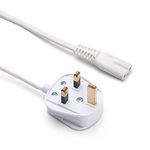 Power Cable UK 3 Pin Plug IEC C7 Figure 8 Cord, 1.2M White Power Lead for Samsung Philips Toshiba LG Sony Sharp Panasonic LED Flat TV Printer Sky box, Sky Plus+ HD Box