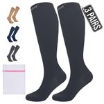 360 RELIEF 3 Pairs Flight Compression Socks for Women & Men, Supports Blood Circulation, Travel, Edema, Diabetic, Varicose Veins, Pregnancy, Nurses, L/XL, Black + Laundry Bag