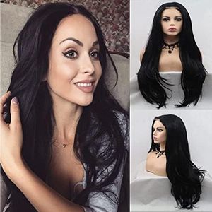 Xiweiya Wig 1B Black Wig Long Synthetic Body Wavy 4×1 Lace Front Wigs U Part Lace Wig Heat Resistant Hair Platinum Black for Women Cosplay Summer Wear 24 Inches