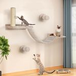 HDLKRR Cat Wall Shelves - 7 Pcs Luxury Wall-Mounted Cat Furniture Set, Including 2 Cat Wall Shelves, 2 Solid Wood Steps, 1 Cat Bridge Ladder, 1 Sisal Cat Scratcher Post, 1 Hanging Ball for Large Cats