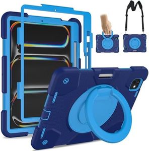 Andnary Case for iPad Pro 11 Inch M4 2024/M5 2025 Case, Heavy Duty Shockproof Cover with Screen Protector/360° Rotate Stand/Shoulder Strap/Pencil Holde (Navy+Blue, iPad Pro M4/M5 11 inch)