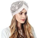 Summer Turbans for Ladies Women Muslim Turban Hatbow Sequins Hair Bonnet Head Scarf Wrap Cover Women's Breathable Cap (White, One Size)