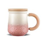 ZENS Tea Mug with Infuser and Lid, 400ml Embossed Ceramic Tea Cup with Strainers for Loose Tea Steeper, Wood Handle Hot Tea Diffusers Loose Leaf Tea Mug for Women Tea Lovers Gifts, Pale Pink