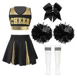 FEESHOW Girls Shiny Cheer Leader Costume Uniform Cheerleading Dance Dress Halloween Party Complete Outfits with Pompoms A White&Black 11-12 Years