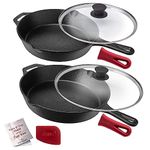 Cuisinel Cast Iron Skillet Set - 2 Pans (10" + 12"-Inch) + Glass Lids - Pre-Seasoned Cookware - 2 Heat-Resistant Holders - Indoor and Outdoor Use - Grill, Stovetop, Fire, BBQ, Induction, Oven Safe