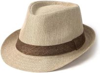 Lisianthus Fedora Hat for Men Panama Trilby Hat Short Brim Summer Sun Hat, Beige With Coffee Band, Medium