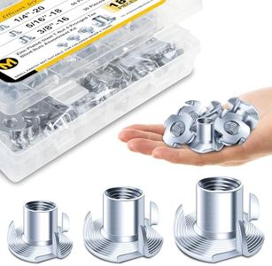 180Pcs 1/4-20 5/16-18 3/8-16 T-nut Assortment Kit, 4 Pronged T Blind T Nut Zinc-Plated Alloy Steel, Wood Working, Rock Climbing Holds & Furniture Hardware Nuts, Threaded Insertion by Mywish
