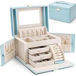 Vlando Jewelry Box Organizer for Girls Women, Large Baroque Jewelry Holder Organizer with Mirror, 3 Drawers for Bracelets, Earrings, Rings, Necklaces, Mothers Day Gifts for Loved One, Blue