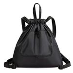 Mockery Large Capacity Drawstring Backpack for Women Foldable Large Travel Tote Bags Sport String Bag for Gym Shopping Yoga, Plain Black