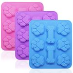 3 Pieces Silicone Molds Puppy Dog Paw & Bone Shaped 2 in 1, 8-Cavity, FineGood Reusable Ice Candy Trays Chocolate Cookies Baking Pans, Oven Microwave Freezer Dishwasher Safe-Pink, Blue, Purple