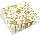 BLUE PANDA 100 Pack White & Gold Disposable Floral Paper Napkins, 6.5x6.5 Inches, Decorative Napkins for Wedding Reception, Birthday, Anniversary