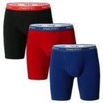 INNERSY Mens Long Leg Boxers Anti Chafing Shorts Cotton Trunks with Fly Pants Underwear Multipack 3 (XL, Blue/Black/Red)