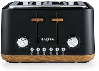 Salter EK5823BLK Toronto 4-Slice Toaster – Wide Slots, 6 Browning Levels, Removable Crumb Tray, Defrost, Reheat, Cancel, Self-Centring Function, High-Lift Eject, 1630 W, Wood Effect/Black, Plastic