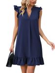 Famulily Women Summer Beach Dress Casual Cap Sleeve Ruffled Hem V Neck Solid Slim Fit Travel Mini Sundress Blue S