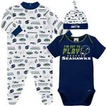 Gerber NFL Baby Boy Pack Footie Registry Gift 3 Piece Bodysuit Sleep n Play and Cap Set, Team Color, 3-6 Months US