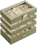 SONGMICS Stackable Jewelry Trays, 4-Tier Jewelry Box, Drawer Jewelry Organizer, with Glass Lid, Removable Dividers, for Vanity Table, 6.7 x 11 x 7.2 Inches, Christmas Gift, Laurel Green UJBC164C02