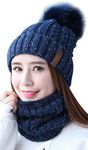 29 IYEBRAO Womens Winter Knit Pom Pom Beanie Hat Scarf Set Girls Slouchy Thick Fleece Lined Ski Hat Warm Skull Cap (Navy Blue)