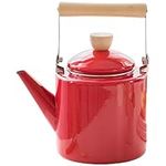 VOSAREA Enamel Tea Kettle with Wood Handle, 2.4L Enamel Teapot Water Heat Kettle Handheld Water Kettle for Stovetop Red