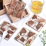 Indian-Shelf Wood Coasters with Holder| Clear Brown Farmhouse Coasters for Drinks| White Coasters for Coffee Table| Square Absorbant Coasters for Drinks| Western Coasters| Wine Coasters [4 Pieces]