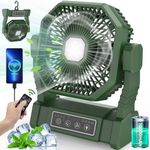 Camping Fan with LED Lantern, Upgraded Portable Rechargeable Outdoor Tent Fan with Light & Hook & Remote, 4 Speeds Powerful Cooling USB Desk Fan, Battery-powered fan for Fishing, Picnic (Green)