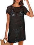 ANRABESS Women Swimsuit Crochet Swim Cover Up Summer Bathing Suit Swimwear Knit Short Sleeve Pullover Beach Dress, Black, L