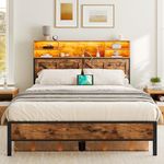 HOOBRO Bed Frame Full Size with Charging Station, Headboard with Storage Shelves and LED Lights, Heavy Duty Wood Slats, No Box Spring Needed, Noise-Free, Rustic Brown and Black BF05UDBF01