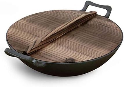 SOGA 36CM Commercial Cast Iron Wok FryPan with Wooden Lid - Great for Frying, Cooking, Boiling, pre-Seasoning, and More