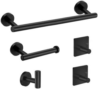 MZDMY Bathroom Hardware Set Black Towel Rack for Bathroom 5-Piece Black, Includes a 16 Inch Towel Rack, Toilet Paper Holder, 1 Wall Towel Hook, and 2 Adhesive Bathrobe Hooks