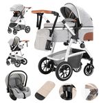 Gcarebb 3 in 1 Prams Travel System, Pushchair with Height Adjustable Handle, Travel Pram with Mosquito Net, Baby Stroller with Aluminum Frame for Newborn 0-4 Years