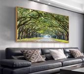 Framed Canvas Wall Art Green Forest Canvas Pictures Oak Trees Covered Lane Canvas Art Print Green Nature Landscape Canvas Artwork Oak Trees Lined Road at Georgia, Extra Frame, Ready to Hang, 60x120cm