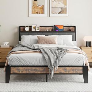 IRONCK Bett 140x200 mit Ladestation (2 AC-Steckdosen, USB-A, USB-C), Bettgestell mit Gepolstertem Kopfteil & Stauraum, Doppelbett für Schlafzimmer, Stabiles Metallbett in Retro Grau