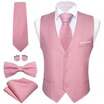 Barry.Wang Mens Pink Formal Suit Waistcoat V-neck Slim Fit Casual Vest Tie Bowtie Set for Prom