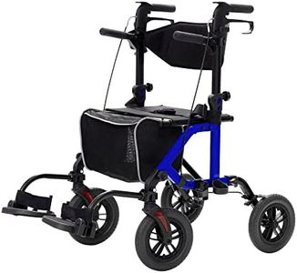 ELENKER All-Terrain 2 in 1 Rollator Walker & Transport Chair, Folding Wheelchair with 10” Non-Pneumatic Wheels for Seniors, Reversible Backrest & Detachable Footrests, Blue