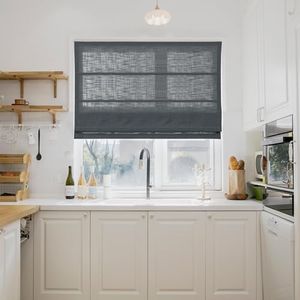 TWOPAGES Cordless Roman Shades Linen Textured Roman Blinds for Windows, Custom Made Room Darkening Blackout Roman Window Shades Washable Fabric, Hardware Included, Dark Grey, 1 Piece