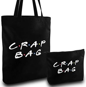 Pack of 2 Friends TV Show Merchandise Crap Bags - Black Canvas Tote Bag and Black Zipper Makeup Pouch - Reusable Grocery Shopping Bags with Makeup Bags, Friends Themed Gifts for Men and Women