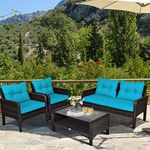 DORTALA 4 Pieces Rattan Patio Conversation Set, Outdoor Wicker Furniture Set with Chairs, Loveseat, Cushions and Glass Top Coffee Table for Garden Porch Poolside Balcony, Turquoise