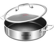 DELARLO Tri-Ply Stainless Steel Saute Pan 6 Quarts Deep Frying Pan, 12 inch Induction Compatible Chef Cooking Pan, Large Sauté Pan with lid, Dishwasher & Oven Safe