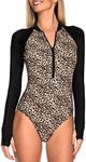 RELLECIGA Women's One Piece Swimsuits Long Sleeve Rash Guard UV Protection Surfing Swimsuit Bathing Suit (XX-Large, Leopard)