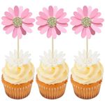 24Pcs Daisy Cupcake Toppers Flower Cake Topper Decorations Daisy Cake Decorations Chrysanthemum Cupcake Toppers Spring Daisy Flower Cake Picks for Birthday Wedding Supplies Light Pink