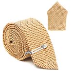 LOUIS STITCH Mens Cream Dotted Italian Silk Necktie Set With Pocket Square and Silver Chrome Pin (Suit Accessories) (Prague)