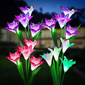 KOOPER Outdoor Solar Lights, 4 Pack Solar Garden Lights with Bigger Lily Flowers, Waterproof 7 Color Changing Outdoor Lights - Bigger Solar Panel for Garden Patio Yard Pathway Decoration