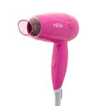 Vega Travel Pro 1000-1200W Hair Dryer for Women with Powerful Motor, 2 Heat/Speed Settings, Detachable Nozzle, Travel Friendly Compact Blow Dryer with Foldable Handle, (VHDH-33)