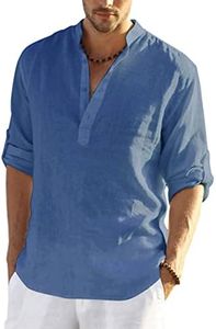 COOFANDY Men's Cotton Linen Henley Shirt Long Sleeve Hippie Casual Beach T Shirts Denim Blue