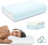 urnexttour Contour Memory Foam Pillows for Sleeping, Cervical Pillow Standard Size for Neck Pain Relief, Bed Pillow with Two Pillowcase Neck Support for Side Back Stomach Sleepers Standard White&Blue