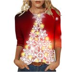 My Recent Orders Christmas Shirt for Women UK Ugly Round Neck T-Shirt Snowflake Christmas Tree Wine Glass Print 3/4 Sleeve Tops Loose Fit Shirt for Ladies 2024 Trendy Casual Blouse Xmas Top