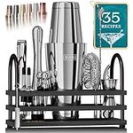 BARE BARREL® Pro Cocktail Kit | Mixology Bartender Kit | 14-Piece Cocktail Shaker Set | Home Bartending Tool Kit Bar Accessories | Incl. 35 Recipe Cards | Gift Set (800ml Boston, Black Silver.)